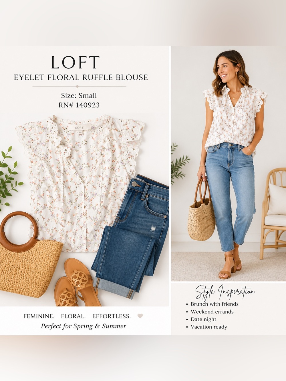 LOFT Cream Floral Ruffle Blouse